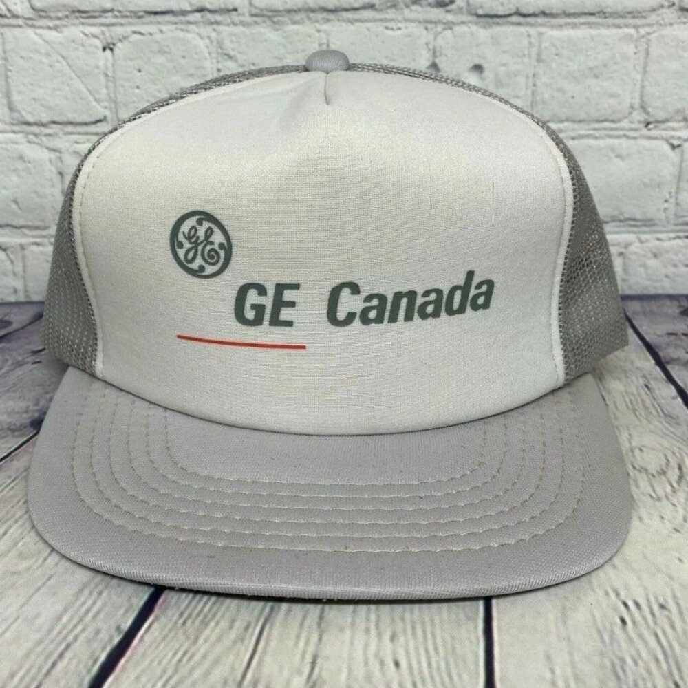 Vintage Trucker Hat Cap Snapback Gray White GE Canada Mesh General Electric Logo